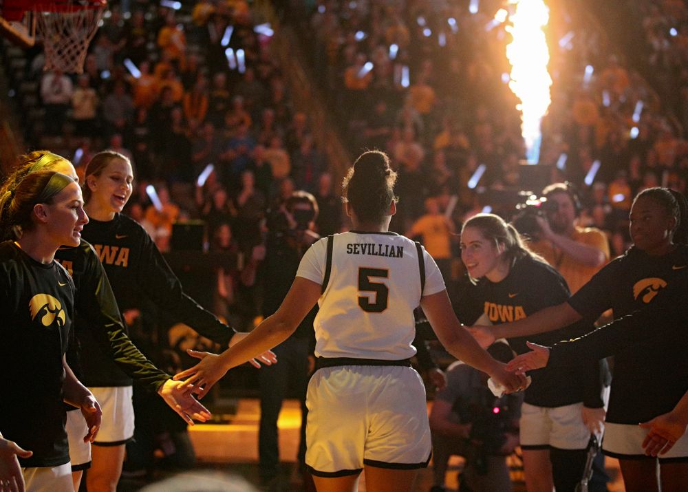 Iowa Hawkeyes guard Alexis Sevillian (5) is introduced before the game at Carver-Hawkeye Arena in Iowa City on Thursday, February 6, 2020. (Stephen Mally/hawkeyesports.com)