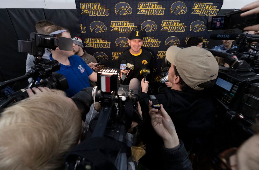 Iowa Hawkeyes head coach Rick Heller answers questions from reporters during the team's annual media day Tuesday, February 5, 2019 in the Indoor Practice Facility. (Brian Ray/hawkeyesports.com)
