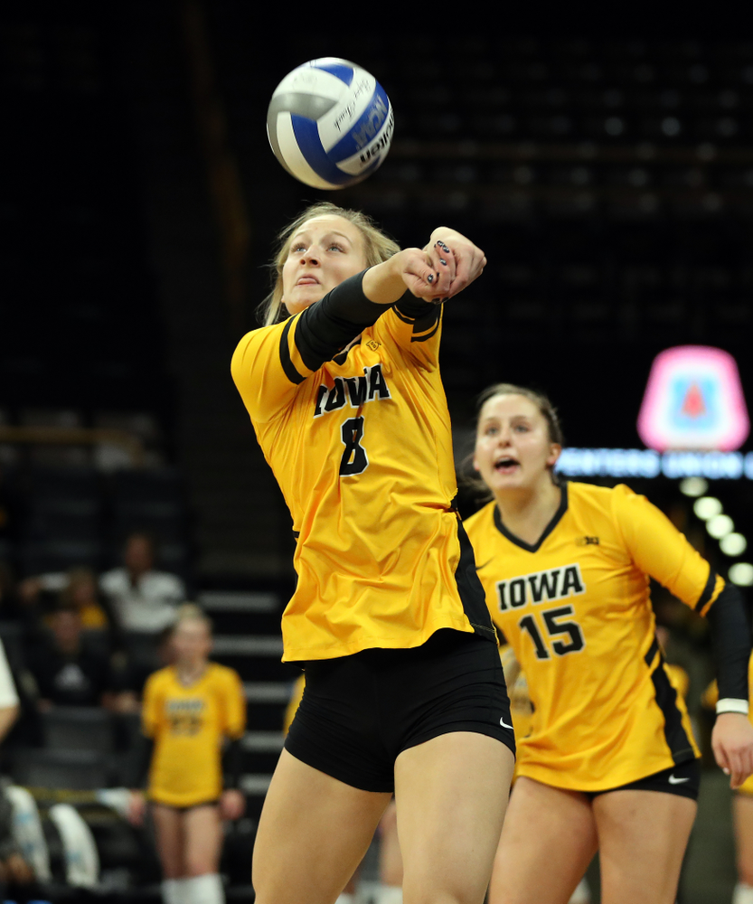 Iowa Hawkeyes outside hitter Kyndra Hansen (8) against the Rutgers Scarlet Knights Saturday, November 2, 2019 at Carver-Hawkeye Arena. (Brian Ray/hawkeyesports.com)