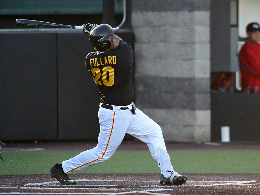Iowa infielder Izaya Fullard (20) hits a triple during the third inning of their game at Duane Banks Field in Iowa City on Tuesday, March 3, 2020. (Stephen Mally/hawkeyesports.com)