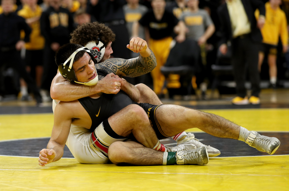 Iowa’s Pat Lugo wrestles Ohio State’s Sammy Sasso at 149 pounds Friday, January 24, 2020 at Carver-Hawkeye Arena. Sasso won the match with a 2-1 in overtime. (Brian Ray/hawkeyesports.com)