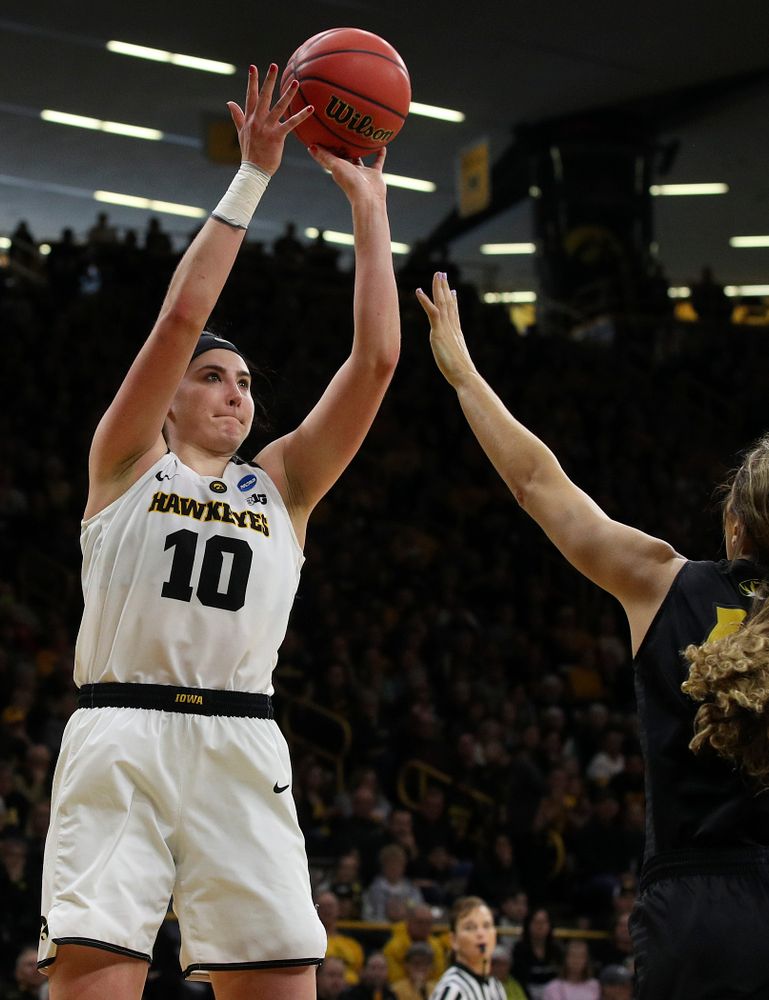 Iowa Hawkeyes center Megan Gustafson (10) puts up a shot during the third quarter of their second round game in the 2019 NCAA Women's Basketball Tournament at Carver Hawkeye Arena in Iowa City on Sunday, Mar. 24, 2019. (Stephen Mally for hawkeyesports.com)