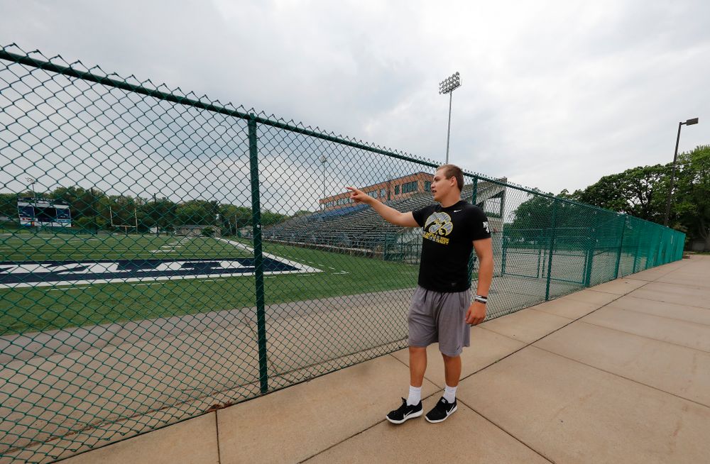 Iowa Hawkeyes quarterback Nathan Stanley (4) talks about his memories of playing high school football on the field at the University of WisconsinÐStout Wednesday, May 30, 2018 in Menomonie, Wisc. (Brian Ray/hawkeyesports.com)