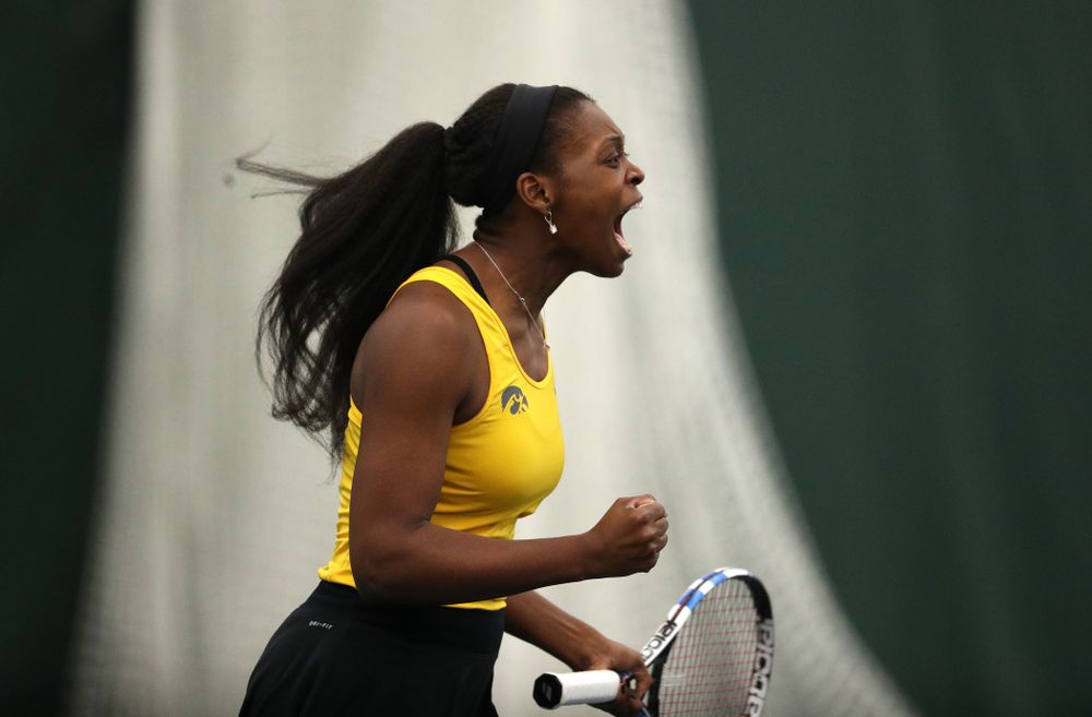 Iowa's Adorabol Huckleby plays a doubles match against Xavier Friday, January 18, 2019 at the Hawkeye Tennis and Recreation Center. (Brian Ray/hawkeyesports.com)