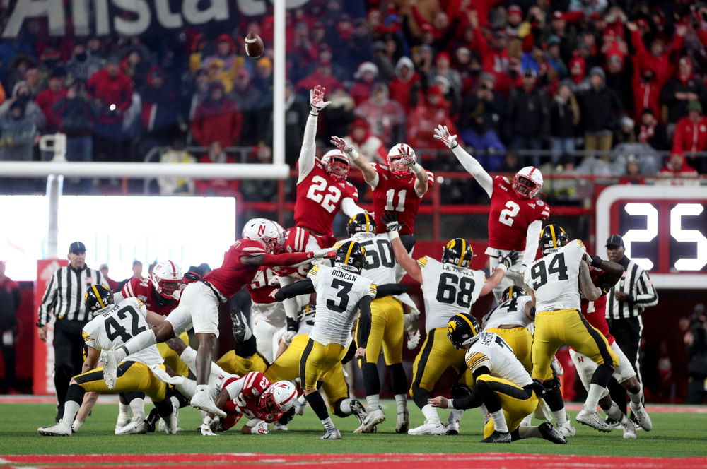 Iowa Hawkeyes place kicker Keith Duncan (3) kicks the game winning field goal against the Nebraska Cornhuskers Friday, November 29, 2019 at Memorial Stadium in Lincoln, Neb. (Brian Ray/hawkeyesports.com)