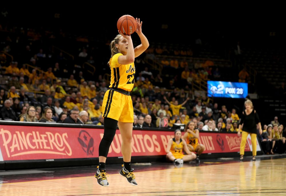Iowa Hawkeyes guard Kathleen Doyle (22) knocks down a three point basket against the Maryland Terrapins Thursday, January 9, 2020 at Carver-Hawkeye Arena. (Brian Ray/hawkeyesports.com)