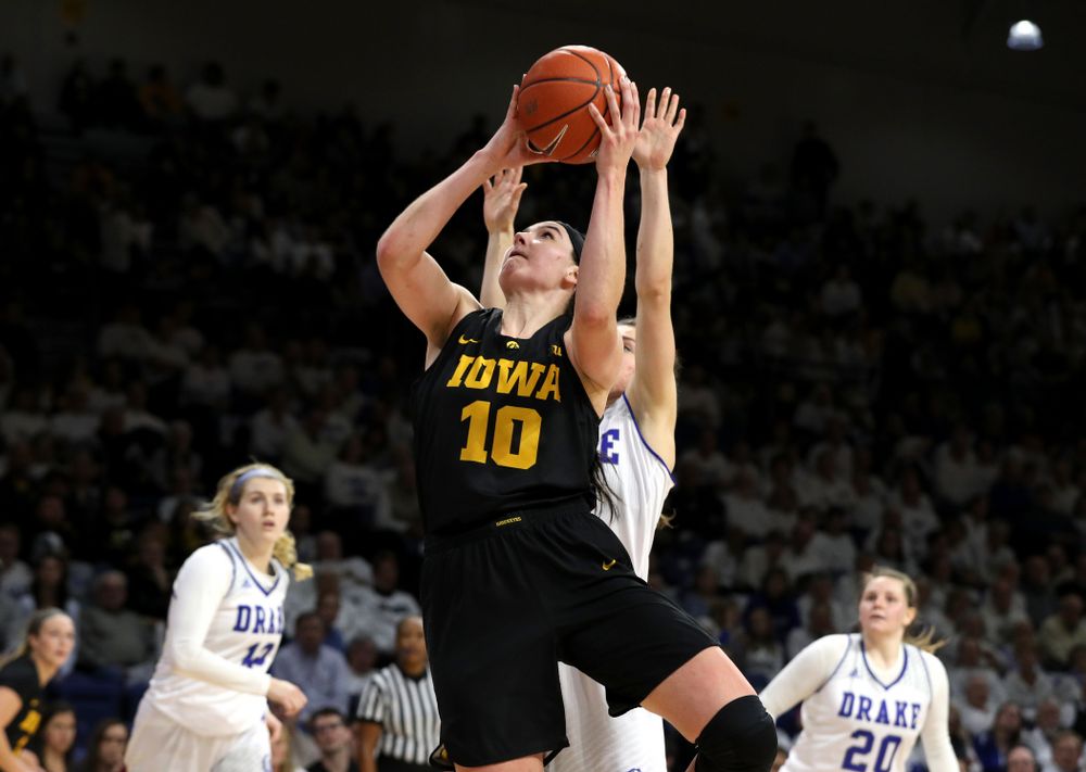 Iowa Hawkeyes forward Megan Gustafson (10) against the Drake Bulldogs Friday, December 21, 2018 at the Knapp Center in Des Moines. (Brian Ray/hawkeyesports.com)