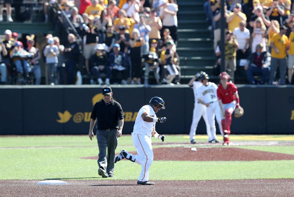 Iowa Hawkeyes Izaya Fullard (20) hits a home run against the Nebraska Cornhuskers Saturday, April 20, 2019 at Duane Banks Field. (Brian Ray/hawkeyesports.com)