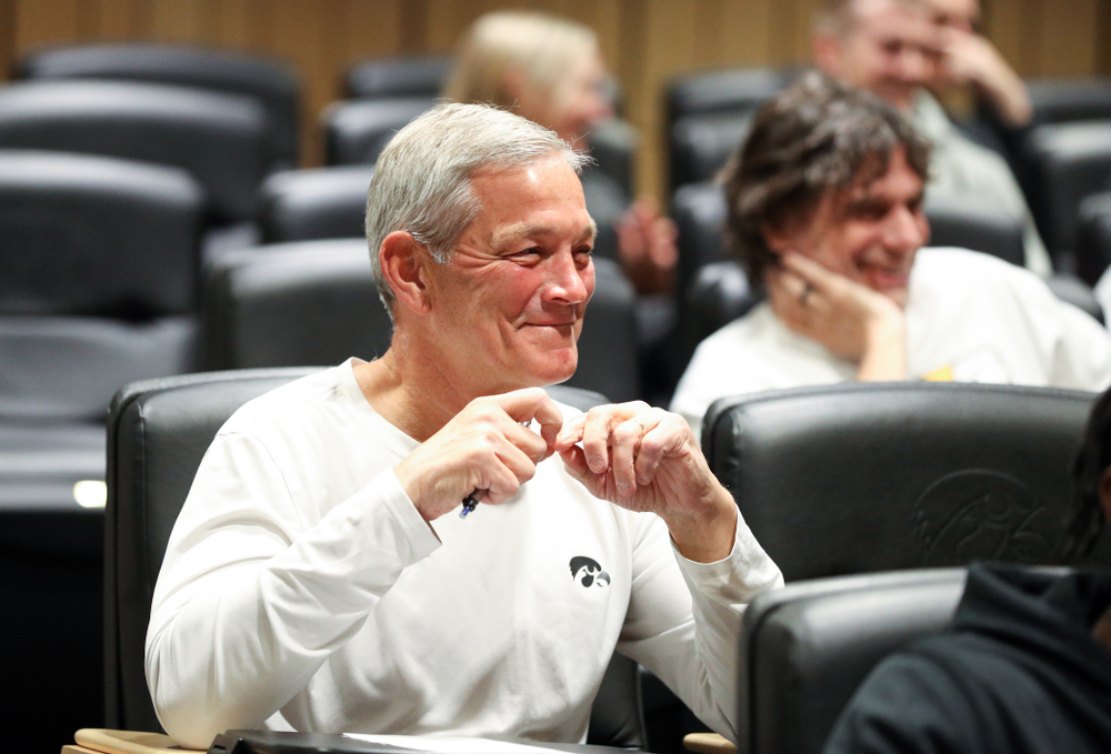 Honorary Captain Ricky Stanzi addresses the team Friday, October 11, 2019 at the Hansen Football Performance Center. (Brian Ray/hawkeyesports.com)