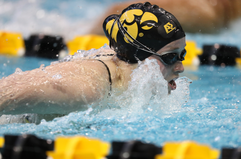 Iowa's Kelsey Drake swims the 200 yard butterfly during a double dual against Wisconsin and Northwestern Saturday, January 19, 2019 at the Campus Recreation and Wellness Center. (Brian Ray/hawkeyesports.com)
