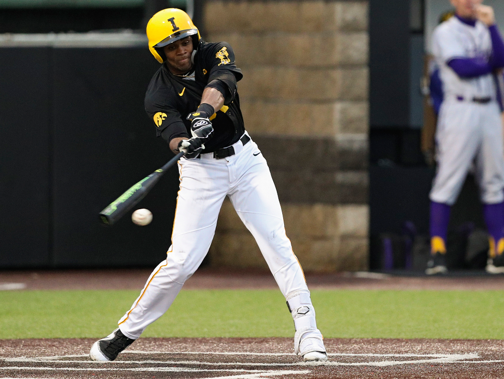 Iowa Hawkeyes third baseman Lorenzo Elion (1) drives in a run during the fourth inning of their game against Western Illinois at Duane Banks Field in Iowa City on Wednesday, May. 1, 2019. (Stephen Mally/hawkeyesports.com)
