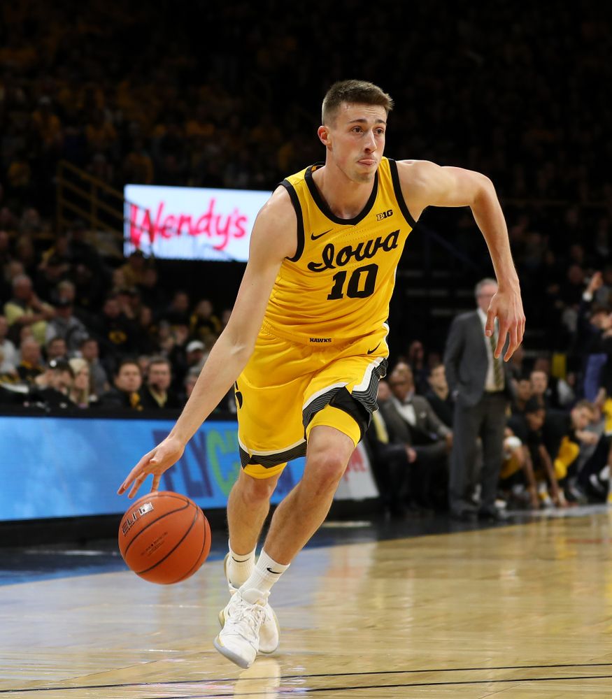 Iowa Hawkeyes guard Joe Wieskamp (10) against the Nebraska Cornhuskers Saturday, February 8, 2020 at Carver-Hawkeye Arena. (Brian Ray/hawkeyesports.com)