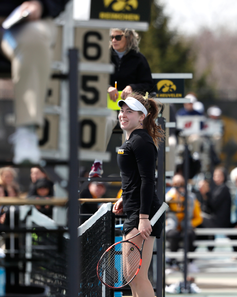 Iowa's Anastasia Reimchen against the Wisconsin Badgers Sunday, April 22, 2018 at the Hawkeye Tennis and Recreation Center. (Brian Ray/hawkeyesports.com)