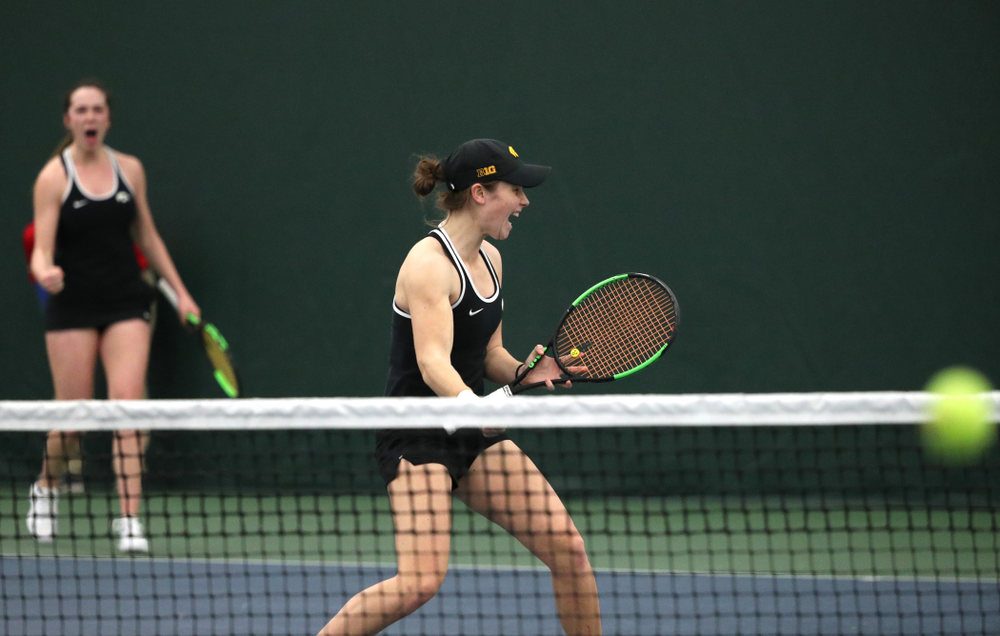 Iowa's Samantha Mannix and Elise Van Heuvelen Treadwell play a doubles match against the Penn State Nittany Lions Sunday, February 24, 2019 at the Hawkeye Tennis and Recreation Complex. (Brian Ray/hawkeyesports.com)