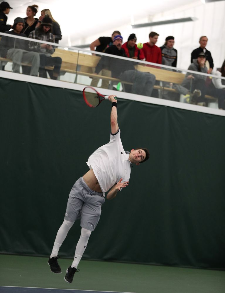 Iowa's Jonas Larson during a doubles match against Western Michigan Saturday, January 19, 2019 at the Hawkeye Tennis and Recreation Complex. (Brian Ray/hawkeyesports.com)