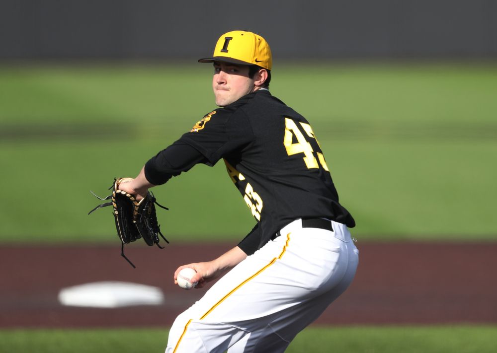 Iowa Hawkeyes Grant Leonard (43) against California State Northridge Sunday, March 17, 2019 at Duane Banks Field. (Brian Ray/hawkeyesports.com)