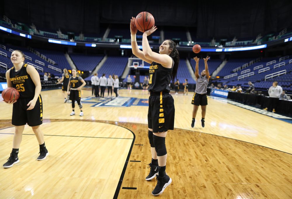 Iowa Hawkeyes forward Megan Gustafson (10) during media and practice as they prepare for their Sweet 16 matchup against NC State Friday, March 29, 2019 at the Greensboro Coliseum in Greensboro, NC.(Brian Ray/hawkeyesports.com)