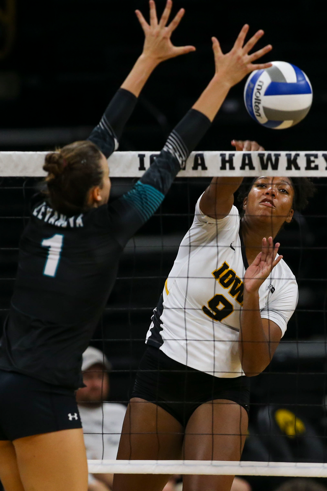 Iowa Hawkeyes middle blocker Amiya Jones (9) against Coastal Carolina Friday, September 20, 2019 at Carver-Hawkeye Arena. (Lily Smith/hawkeyesports.com)