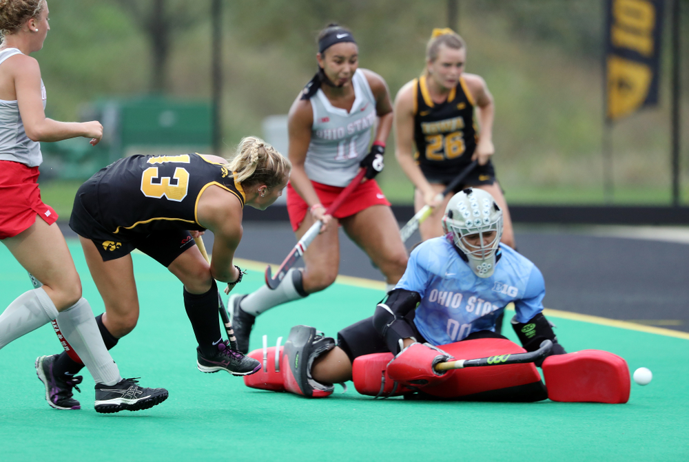 Iowa Hawkeyes forward Leah Zellner (13) scores her second goal during a 2-1 victory against the Ohio State Buckeyes Friday, September 27, 2019 at Grant Field. (Brian Ray/hawkeyesports.com)
