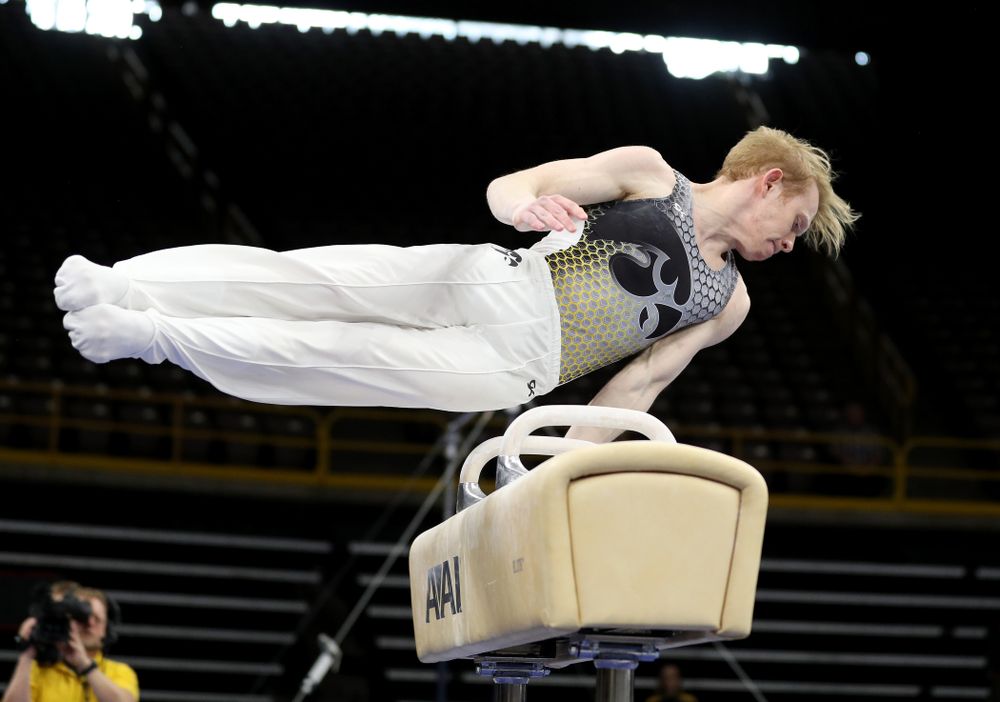 Iowa’s Nick Merryman competes on the pommel horse against Illinois Sunday, March 1, 2020 at Carver-Hawkeye Arena. (Brian Ray/hawkeyesports.com)