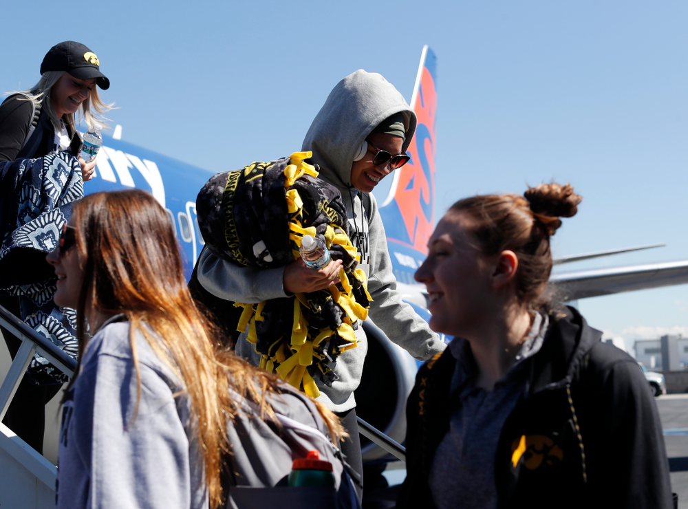 Iowa Hawkeyes forward Chase Coley (4) as they arrive in Los Angeles for the first round of the 2018 NCAA Tournament Thursday, March 15, 2018 at LAX. (Brian Ray/hawkeyesports.com)