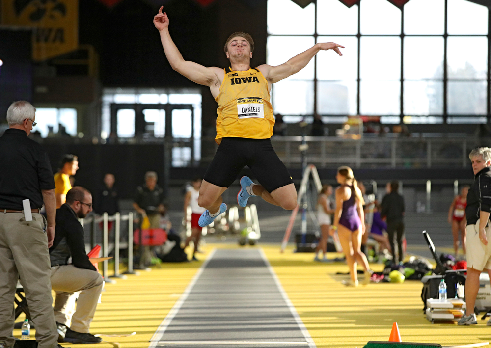 Iowa’s Will Daniels competes in the men’s long jump event during the Jimmy Grant Invitational at the Recreation Building in Iowa City on Saturday, December 14, 2019. (Stephen Mally/hawkeyesports.com)