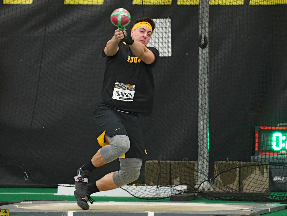 Iowa’s Jordan Johnson throws in the men’s weight throw event during the Larry Wieczorek Invitational at the Hawkeye Tennis and Recreation Complex in Iowa City on Friday, January 17, 2020. (Stephen Mally/hawkeyesports.com)