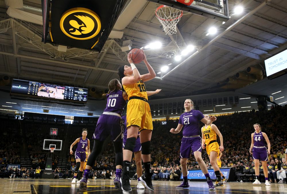 Iowa Hawkeyes forward Megan Gustafson (10) against the Northwestern Wildcats Sunday, March 3, 2019 at Carver-Hawkeye Arena. (Brian Ray/hawkeyesports.com)