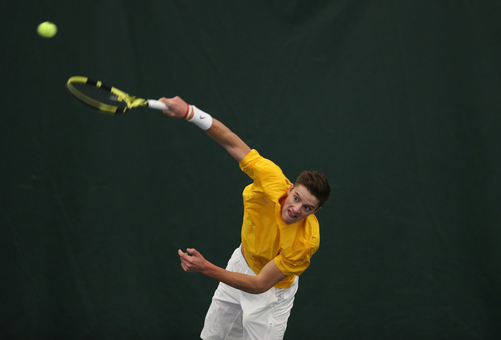 Joe Tyler against Utah Sunday, February 10, 2019 at the Hawkeye Tennis and Recreation Complex. (Brian Ray/hawkeyesports.com)