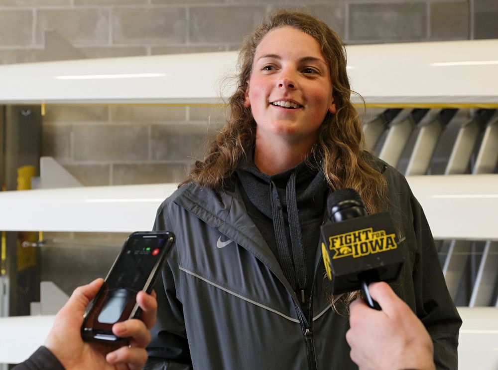 Iowa's Hannah Greenlee answers a question during media availability at the P. Sue Beckwith, M.D., Boathouse in Iowa City on Wednesday, Apr. 10, 2019. (Stephen Mally/hawkeyesports.com)