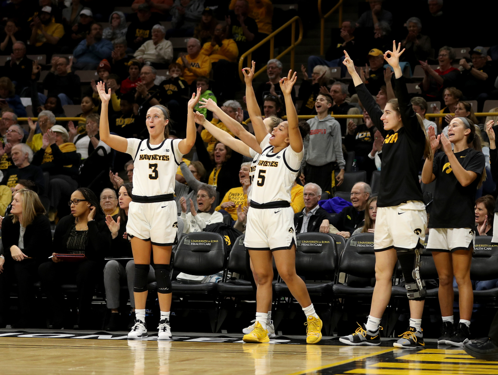 Iowa Hawkeyes guard Makenzie Meyer (3), guard Alexis Sevillian (5), and guard Kate Martin (20) against Penn State Saturday, February 22, 2020 at Carver-Hawkeye Arena. (Brian Ray/hawkeyesports.com)