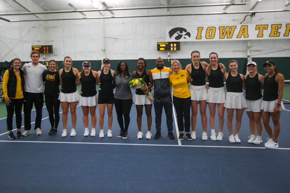 The Iowa womenÕs tennis team at womenÕs tennis senior day vs Nebraska on Saturday, April 13, 2019 at the Hawkeye Tennis and Recreation Complex. (Lily Smith/hawkeyesports.com)