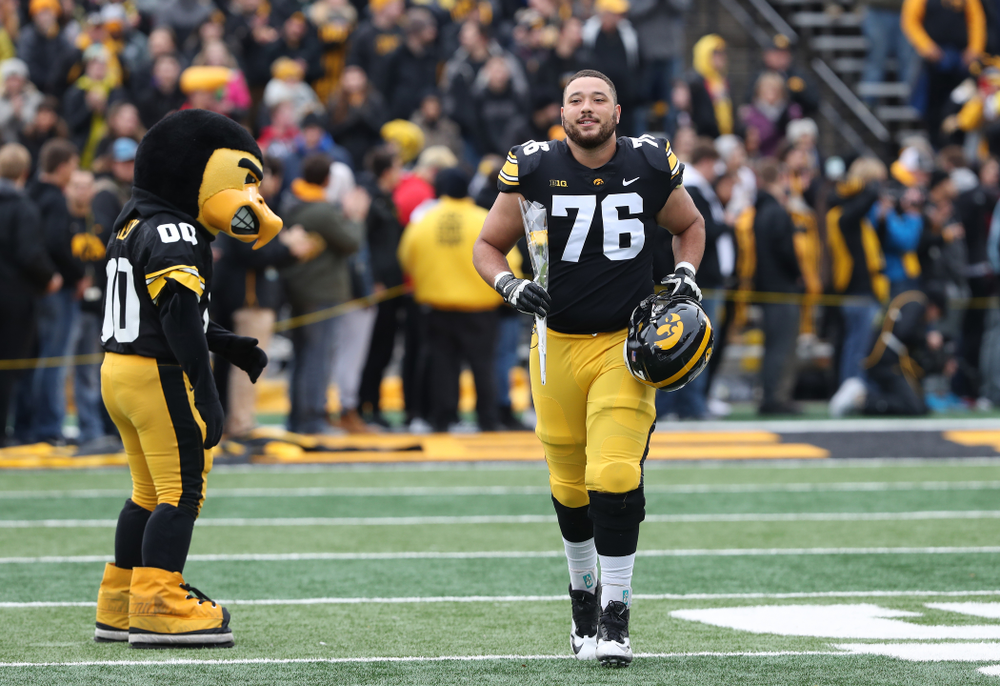 Iowa Hawkeyes offensive lineman Dalton Ferguson (76) during senior day activities before their game against the Nebraska Cornhuskers Friday, November 23, 2018 at Kinnick Stadium. (Brian Ray/hawkeyesports.com)