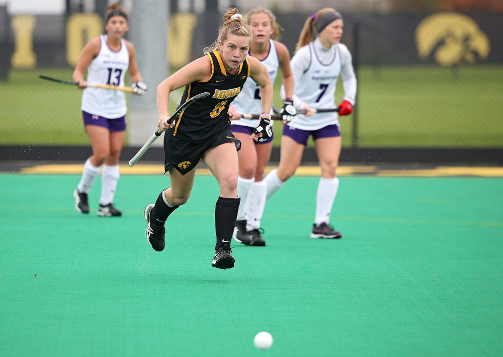 Iowa’s Nikki Freeman (8) eyes the ball as she tries to run it down during the second quarter of their game at Grant Field in Iowa City on Saturday, Oct 26, 2019. (Stephen Mally/hawkeyesports.com)