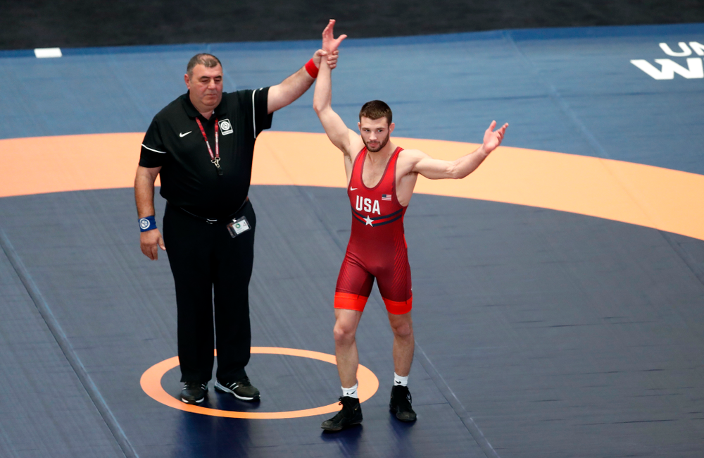 Thomas Gilman during the United World Wrestling Freestyle World Cup Saturday, April 7, 2018 at Carver-Hawkeye Arena. (Brian Ray/hawkeyesports.com)