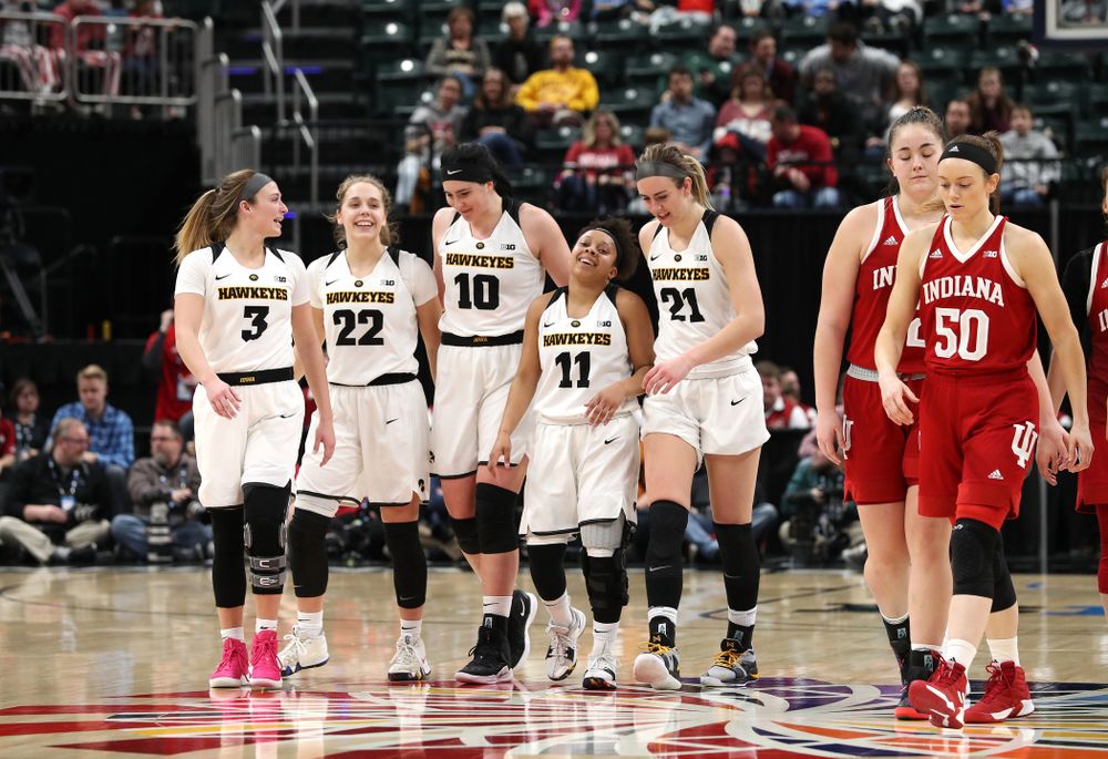 Iowa Hawkeyes guard Makenzie Meyer (3), guard Kathleen Doyle (22), forward Megan Gustafson (10), guard Tania Davis (11), forward Hannah Stewart (21) against the Indiana Hoosiers in the quarterfinals of the Big Ten Tournament Friday, March 8, 2019 at Bankers Life Fieldhouse in Indianapolis, Ind. (Brian Ray/hawkeyesports.com)