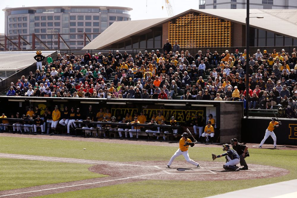 Iowa Hawkeyes outfielder Robert Neustrom (44) against the Michigan Wolverines Sunday, April 29, 2018 at Duane Banks Field. (Brian Ray/hawkeyesports.com)