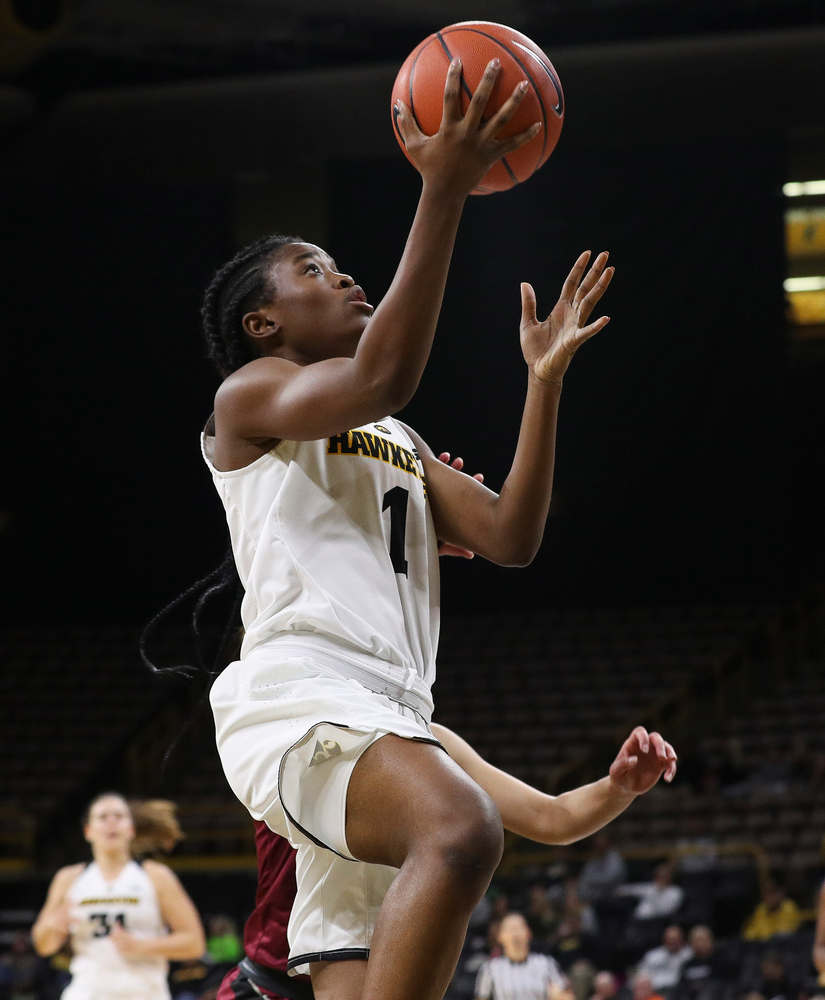 Iowa Hawkeyes guard Tomi Taiwo (1) goes up for a layup during a game against North Carolina Central at Carver-Hawkeye Arena on November 17, 2018. (Tork Mason/hawkeyesports.com)