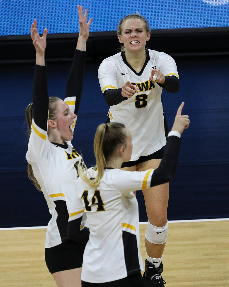 Iowa Hawkeyes right side hitter Reghan Coyle (8) celebrates after winning a point during a match against Penn State at Carver-Hawkeye Arena on November 3, 2018. (Tork Mason/hawkeyesports.com)