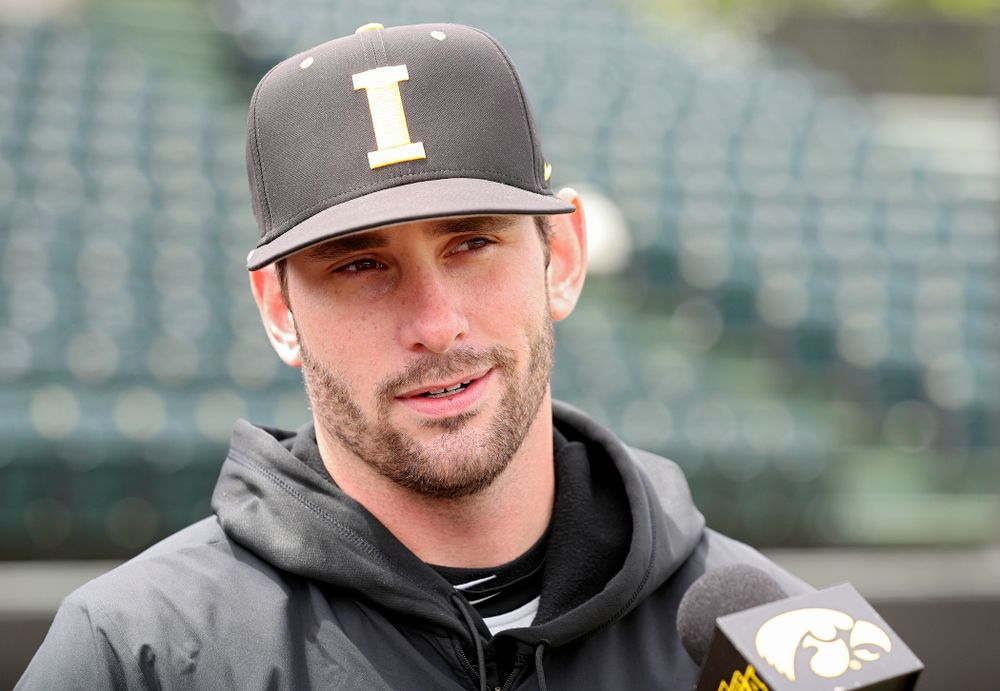 Iowa’s Chris Whelan answers questions from the media at Duane Banks Field in Iowa City on Monday, May 20, 2019. (Stephen Mally/hawkeyesports.com)