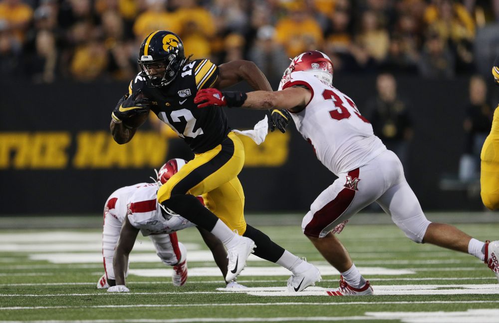 Iowa Hawkeyes wide receiver Brandon Smith (12) against the Miami RedHawks Saturday, August 31, 2019 at Kinnick Stadium in Iowa City. (Brian Ray/hawkeyesports.com)
