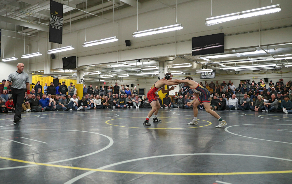 Iowa’s Carter Happel (from left) and Justin Stickley during their preseason match at the Dan Gable Wrestling Complex at Carver-Hawkeye Arena in Iowa City on Thursday, Nov 7, 2019. (Stephen Mally/hawkeyesports.com)