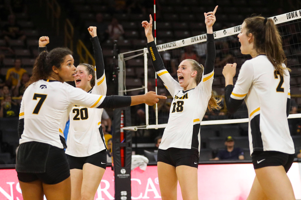 Iowa Hawkeyes setter Brie Orr (7), Iowa Hawkeyes outside hitter Edina Schmidt (20), Iowa Hawkeyes middle blocker Hannah Clayton (18) and Iowa Hawkeyes setter Courtney Buzzerio (2) against Coastal Carolina Friday, September 20, 2019 at Carver-Hawkeye Arena. (Lily Smith/hawkeyesports.com)