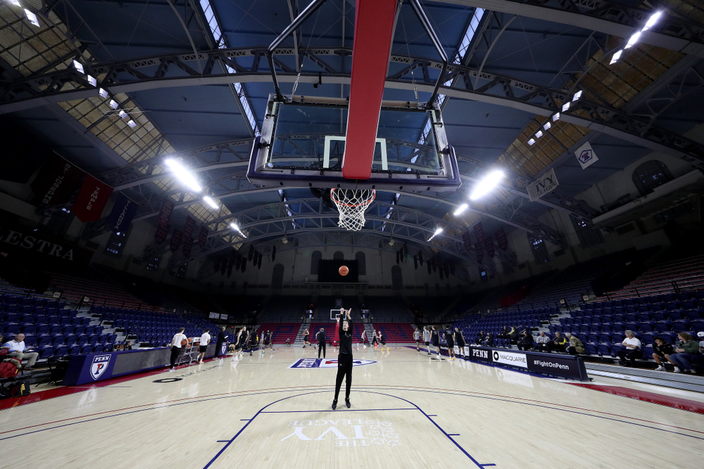 Jack McCaffery shoots baskets before practice at the Palestra Friday, January 3, 2020 in Philadelphia. (Brian Ray/hawkeyesports.com)
