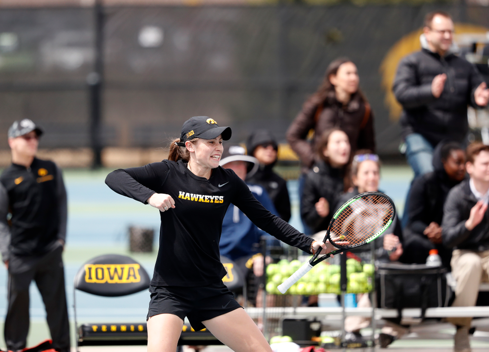 Elise Van Heuvelen and Anastasia Reimchen play a doubles match against the Wisconsin Badgers Sunday, April 22, 2018 at the Hawkeye Tennis and Recreation Center. (Brian Ray/hawkeyesports.com)