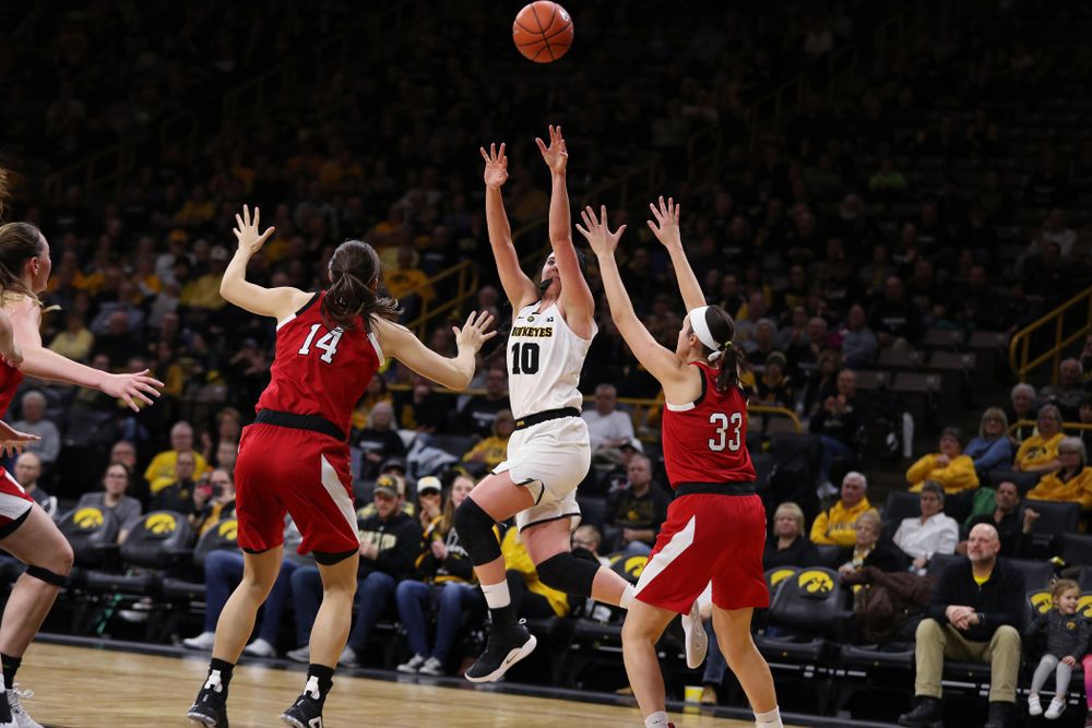 Iowa Hawkeyes forward Megan Gustafson (10) against the Nebraska Cornhuskers Thursday, January 3, 2019 at Carver-Hawkeye Arena. (Brian Ray/hawkeyesports.com)
