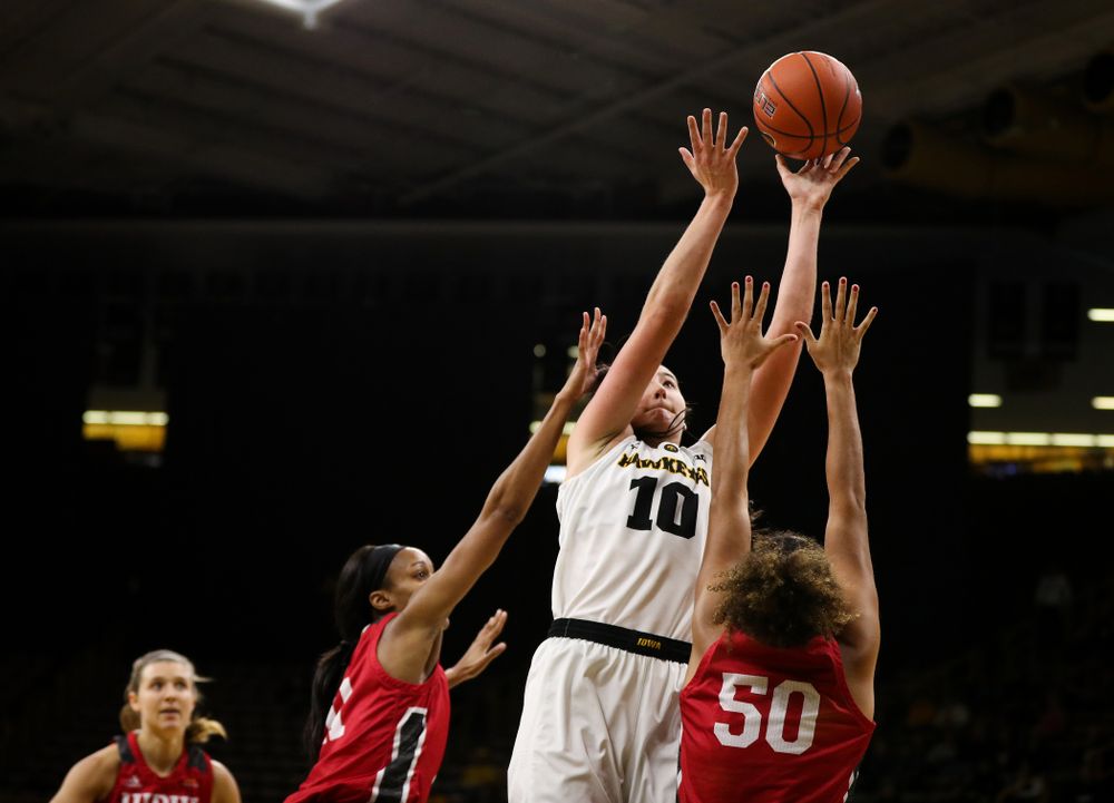 Iowa Hawkeyes forward Megan Gustafson (10) scores her 2,000th career point against the IUPUI Jaguars Saturday, December 8, 2018 at Carver-Hawkeye Arena. (Brian Ray/hawkeyesports.com)