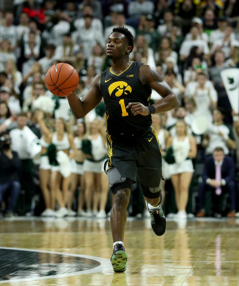 Iowa Hawkeyes guard Joe Toussaint (1) against Michigan State Tuesday, February 25, 2020 at the Breslin Center in East Lansing, MI. (Brian Ray/hawkeyesports.com)
