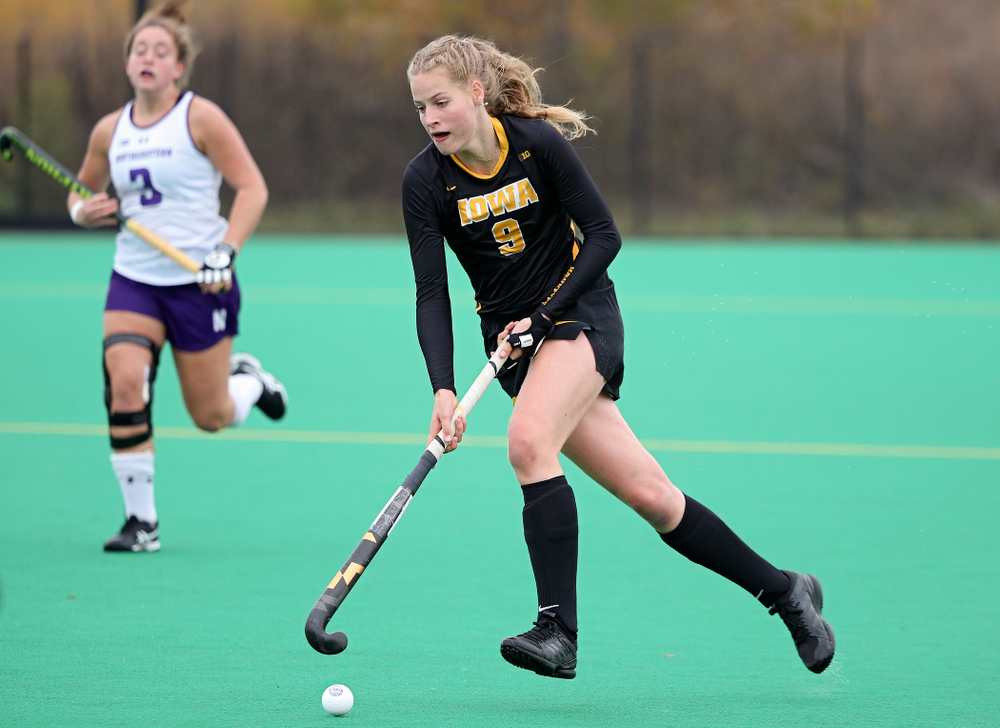 Iowa’s Sofie Stribos (9) moves with the ball during the second quarter of their game at Grant Field in Iowa City on Saturday, Oct 26, 2019. (Stephen Mally/hawkeyesports.com)