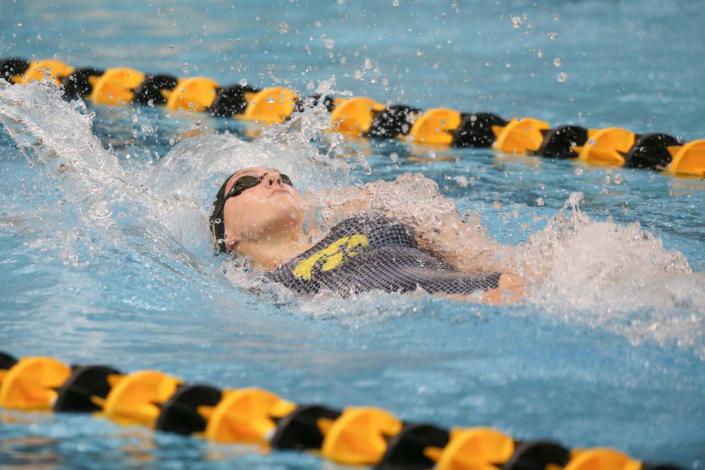 Iowa’s Emilia Sansome swims the 100-yard backstroke during the Iowa swimming and diving meet vs Notre Dame and Illinois on Saturday, January 11, 2020 at the Campus Recreation and Wellness Center. (Lily Smith/hawkeyesports.com)